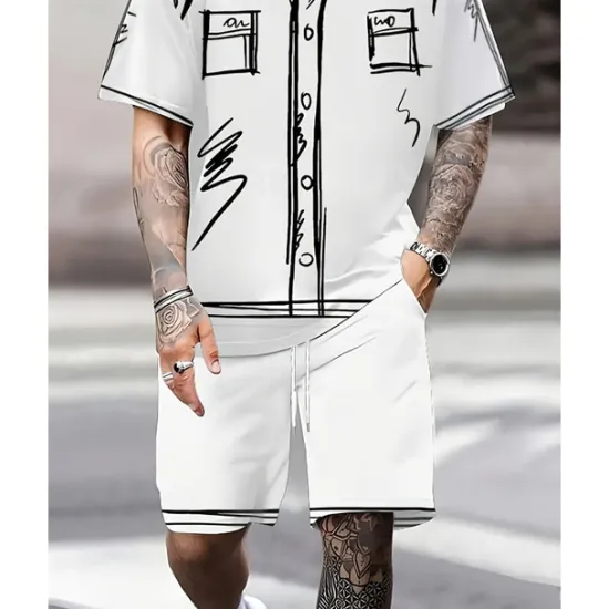 Outlet OUKU Men's T-shirt Suits 2 Pieces Outfits Tee & Shorts Short Sleeve Crew Neck Summer Graphic Fashion Casual 2 Piece Vacation Daily Wear Going out Black White Top Tee for Men