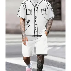 Outlet OUKU Men's T-shirt Suits 2 Pieces Outfits Tee & Shorts Short Sleeve Crew Neck Summer Graphic Fashion Casual 2 Piece Vacation Daily Wear Going out Black White Top Tee for Men