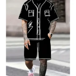Outlet OUKU Men's T-shirt Suits 2 Pieces Outfits Tee & Shorts Short Sleeve Crew Neck Summer Graphic Fashion Casual 2 Piece Vacation Daily Wear Going out Black White Top Tee for Men