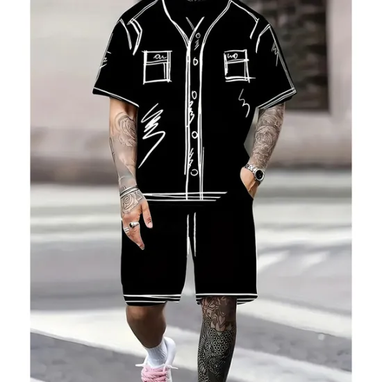 Outlet OUKU Men's T-shirt Suits 2 Pieces Outfits Tee & Shorts Short Sleeve Crew Neck Summer Graphic Fashion Casual 2 Piece Vacation Daily Wear Going out Black White Top Tee for Men