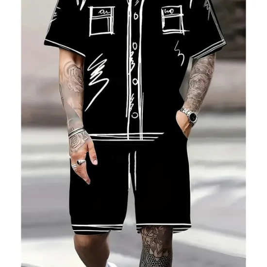 Outlet OUKU Men's T-shirt Suits 2 Pieces Outfits Tee & Shorts Short Sleeve Crew Neck Summer Graphic Fashion Casual 2 Piece Vacation Daily Wear Going out Black White Top Tee for Men