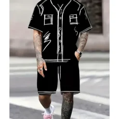 Outlet OUKU Men's T-shirt Suits 2 Pieces Outfits Tee & Shorts Short Sleeve Crew Neck Summer Graphic Fashion Casual 2 Piece Vacation Daily Wear Going out Black White Top Tee for Men