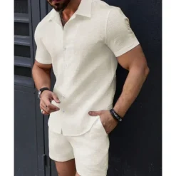 Sale OUKU Men's T-shirt Suits 2 Pieces Outfits Tee & Shorts Short Sleeve Lapel Summer Plain Fashion Casual 2 Piece Jacquard Vacation Daily Wear Going out Black White Pink Top Tee for Men