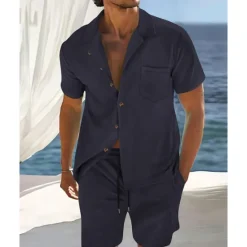 Clearance OUKU Men's T-shirt Suits 2 Pieces Outfits Tee & Shorts Short Sleeve Shirt Collar Summer Plain Fashion Casual 2 Piece Vacation Daily Wear Going out Black Navy Blue Blue Top Tee for Men