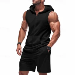 Best OUKU Men's T-shirt Suits 2 Pieces Outfits Tee & Shorts Short Sleeve Hooded Summer Plain Fashion Casual 2 Piece Vacation Daily Wear Going out Black Yellow Red Top Tee for Men