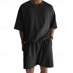 OUKU Men's T-shirt Suits 2 Pieces Outfits Tee & Shorts Short Sleeve Crew Neck Summer Plain Fashion Casual 2 Piece Vacation Daily Wear Going out Black Khaki Light Grey Top Tee for Men