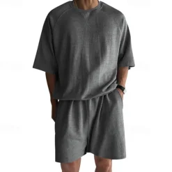 OUKU Men's T-shirt Suits 2 Pieces Outfits Tee & Shorts Short Sleeve Crew Neck Summer Plain Fashion Casual 2 Piece Vacation Daily Wear Going out Black Khaki Light Grey Top Tee for Men