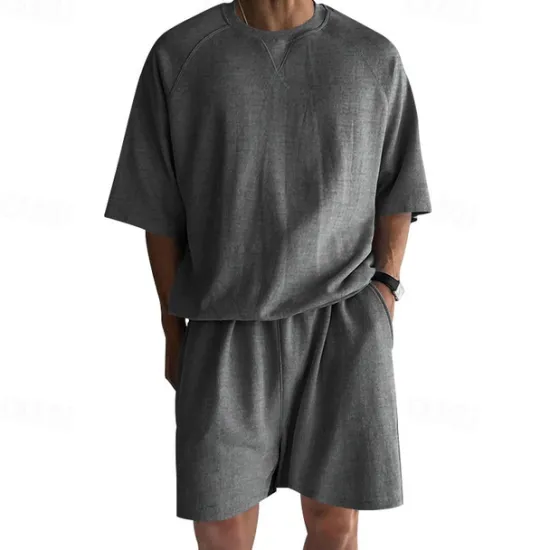 OUKU Men's T-shirt Suits 2 Pieces Outfits Tee & Shorts Short Sleeve Crew Neck Summer Plain Fashion Casual 2 Piece Vacation Daily Wear Going out Black Khaki Light Grey Top Tee for Men