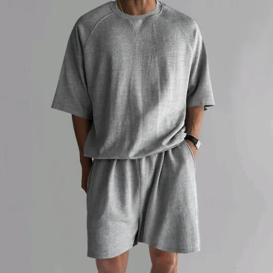 OUKU Men's T-shirt Suits 2 Pieces Outfits Tee & Shorts Short Sleeve Crew Neck Summer Plain Fashion Casual 2 Piece Vacation Daily Wear Going out Black Khaki Light Grey Top Tee for Men