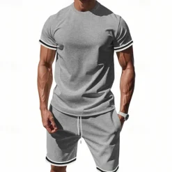 OUKU Men's T-shirt Suits 2 Pieces Outfits Tee & Shorts Short Sleeve Standing Collar Summer Striped Fashion Casual 2 Piece Vacation Daily Wear Going out Black Red Dark Navy Top Tee for Men