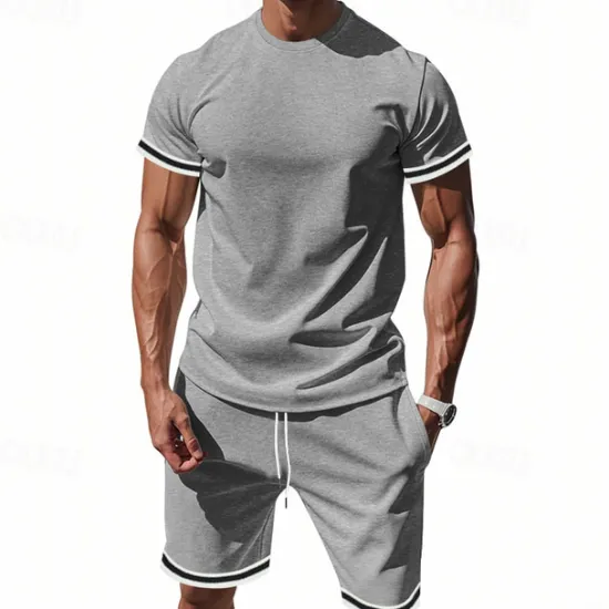 OUKU Men's T-shirt Suits 2 Pieces Outfits Tee & Shorts Short Sleeve Standing Collar Summer Striped Fashion Casual 2 Piece Vacation Daily Wear Going out Black Red Dark Navy Top Tee for Men