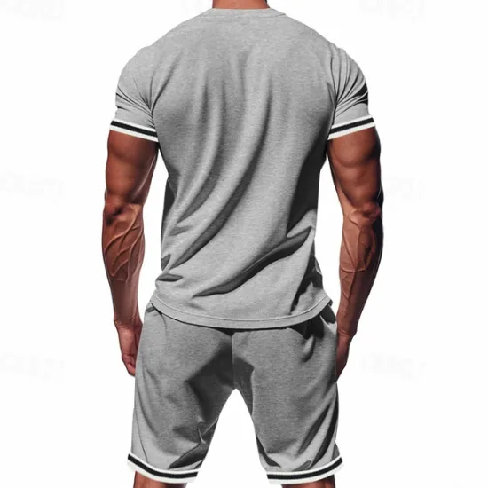 OUKU Men's T-shirt Suits 2 Pieces Outfits Tee & Shorts Short Sleeve Standing Collar Summer Striped Fashion Casual 2 Piece Vacation Daily Wear Going out Black Red Dark Navy Top Tee for Men