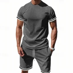 OUKU Men's T-shirt Suits 2 Pieces Outfits Tee & Shorts Short Sleeve Standing Collar Summer Striped Fashion Casual 2 Piece Vacation Daily Wear Going out Black Red Dark Navy Top Tee for Men