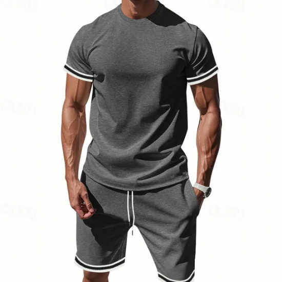 OUKU Men's T-shirt Suits 2 Pieces Outfits Tee & Shorts Short Sleeve Standing Collar Summer Striped Fashion Casual 2 Piece Vacation Daily Wear Going out Black Red Dark Navy Top Tee for Men