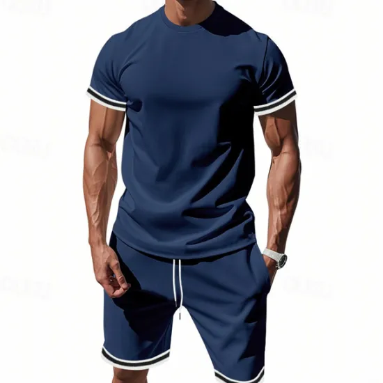 OUKU Men's T-shirt Suits 2 Pieces Outfits Tee & Shorts Short Sleeve Standing Collar Summer Striped Fashion Casual 2 Piece Vacation Daily Wear Going out Black Red Dark Navy Top Tee for Men