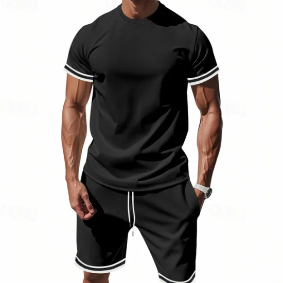 OUKU Men's T-shirt Suits 2 Pieces Outfits Tee & Shorts Short Sleeve Standing Collar Summer Striped Fashion Casual 2 Piece Vacation Daily Wear Going out Black Red Dark Navy Top Tee for Men