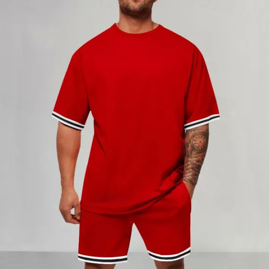 OUKU Men's T-shirt Suits 2 Pieces Outfits Tee & Shorts Short Sleeve Standing Collar Summer Striped Fashion Casual 2 Piece Vacation Daily Wear Going out Black Red Dark Navy Top Tee for Men