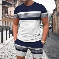 OUKU Men's T-shirt Suits 2 Pieces Outfits Tee & Shorts Short Sleeve Crew Neck Summer Color Block Stripes Fashion Casual 2 Piece Vacation Daily Wear Going out Black Navy Blue Red Black Top Tee for Men