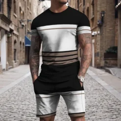 OUKU Men's T-shirt Suits 2 Pieces Outfits Tee & Shorts Short Sleeve Crew Neck Summer Color Block Stripes Fashion Casual 2 Piece Vacation Daily Wear Going out Black Navy Blue Red Black Top Tee for Men