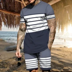 OUKU Men's T-shirt Suits 2 Pieces Outfits Tee & Shorts Short Sleeve Crew Neck Summer Color Block Stripes Fashion Casual 2 Piece Vacation Daily Wear Going out Black Navy Blue Red Black Top Tee for Men