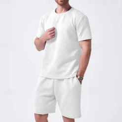 Sale OUKU Men's T-shirt Suits 2 Pieces Outfits Tee & Shorts Short Sleeve Crew Neck Summer Plain Fashion Casual 2 Piece Jacquard Vacation Daily Wear Going out Black White Khaki Top Tee for Men