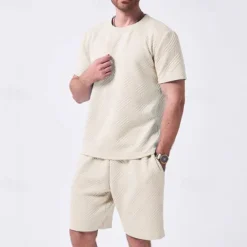 Sale OUKU Men's T-shirt Suits 2 Pieces Outfits Tee & Shorts Short Sleeve Crew Neck Summer Plain Fashion Casual 2 Piece Jacquard Vacation Daily Wear Going out Black White Khaki Top Tee for Men