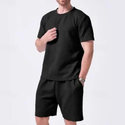 Sale OUKU Men's T-shirt Suits 2 Pieces Outfits Tee & Shorts Short Sleeve Crew Neck Summer Plain Fashion Casual 2 Piece Jacquard Vacation Daily Wear Going out Black White Khaki Top Tee for Men
