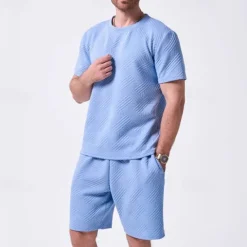 Sale OUKU Men's T-shirt Suits 2 Pieces Outfits Tee & Shorts Short Sleeve Crew Neck Summer Plain Fashion Casual 2 Piece Jacquard Vacation Daily Wear Going out Black White Khaki Top Tee for Men