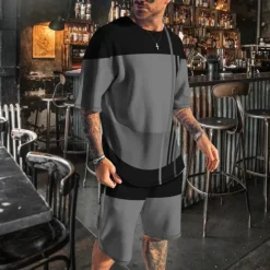 New OUKU Men's T-shirt Suits 2 Pieces Outfits Tee & Shorts Short Sleeve Crew Neck Summer Color Block Fashion Casual 2 Piece Vacation Daily Wear Going out White Blue Gray Top Tee for Men