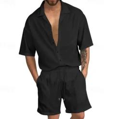Online OUKU Men's T-shirt Suits 2 Pieces Outfits Tee & Shorts Short Sleeve Shirt Collar Summer Plain Fashion Casual 2 Piece Vacation Daily Wear Going out Black White Red Top Tee for Men