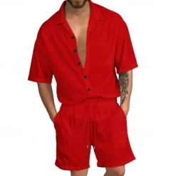 Online OUKU Men's T-shirt Suits 2 Pieces Outfits Tee & Shorts Short Sleeve Shirt Collar Summer Plain Fashion Casual 2 Piece Vacation Daily Wear Going out Black White Red Top Tee for Men