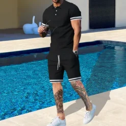 Online OUKU Men's T-shirt Suits 2 Pieces Outfits Tee & Shorts Short Sleeve Lapel Summer Plain Fashion Casual 2 Piece Vacation Daily Wear Going out Black White Navy Blue Top Tee for Men
