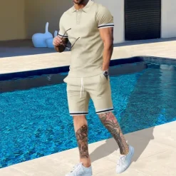 Online OUKU Men's T-shirt Suits 2 Pieces Outfits Tee & Shorts Short Sleeve Lapel Summer Plain Fashion Casual 2 Piece Vacation Daily Wear Going out Black White Navy Blue Top Tee for Men