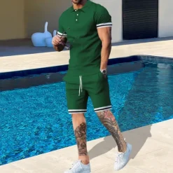 Online OUKU Men's T-shirt Suits 2 Pieces Outfits Tee & Shorts Short Sleeve Lapel Summer Plain Fashion Casual 2 Piece Vacation Daily Wear Going out Black White Navy Blue Top Tee for Men