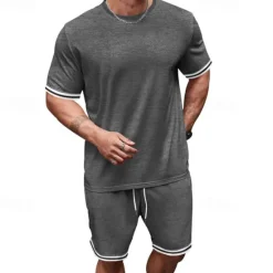 OUKU Men's T-shirt Suits 2 Pieces Outfits Tee & Shorts Short Sleeve Crew Neck Summer Color Block Fashion Casual 2 Piece Vacation Daily Wear Going out Black Red Navy Blue Top Tee for Men