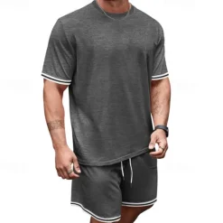 OUKU Men's T-shirt Suits 2 Pieces Outfits Tee & Shorts Short Sleeve Crew Neck Summer Color Block Fashion Casual 2 Piece Vacation Daily Wear Going out Black Red Navy Blue Top Tee for Men