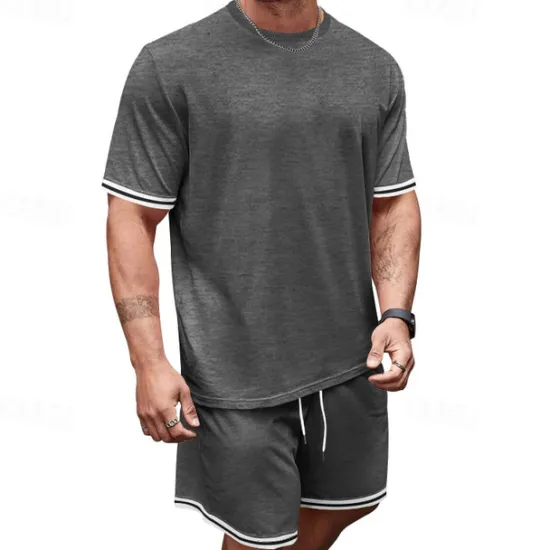 OUKU Men's T-shirt Suits 2 Pieces Outfits Tee & Shorts Short Sleeve Crew Neck Summer Color Block Fashion Casual 2 Piece Vacation Daily Wear Going out Black Red Navy Blue Top Tee for Men
