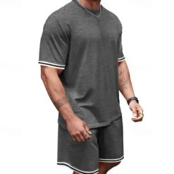 OUKU Men's T-shirt Suits 2 Pieces Outfits Tee & Shorts Short Sleeve Crew Neck Summer Color Block Fashion Casual 2 Piece Vacation Daily Wear Going out Black Red Navy Blue Top Tee for Men