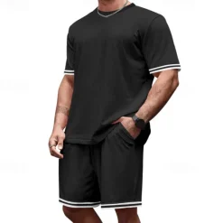 OUKU Men's T-shirt Suits 2 Pieces Outfits Tee & Shorts Short Sleeve Crew Neck Summer Color Block Fashion Casual 2 Piece Vacation Daily Wear Going out Black Red Navy Blue Top Tee for Men