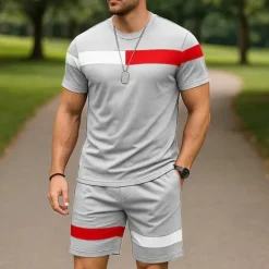 Outlet OUKU Men's T-shirt Suits 2 Pieces Outfits Tee & Shorts Short Sleeve Crew Neck Summer Color Block Fashion Casual 2 Piece Vacation Daily Wear Going out Black White Pink Top Tee for Men