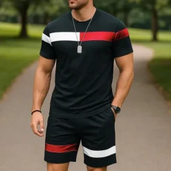 Outlet OUKU Men's T-shirt Suits 2 Pieces Outfits Tee & Shorts Short Sleeve Crew Neck Summer Color Block Fashion Casual 2 Piece Vacation Daily Wear Going out Black White Pink Top Tee for Men