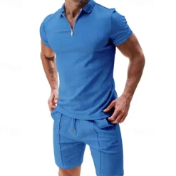 Hot OUKU Men's T-shirt Suits 2 Pieces Outfits Tee & Shorts Short Sleeve Shirt Collar Summer Plain Fashion Casual 2 Piece Vacation Daily Wear Going out Black White Light Gray Top Tee for Men