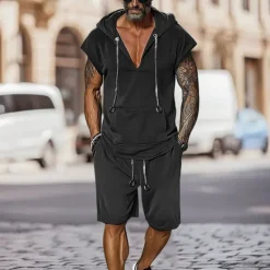 New OUKU Men's T-shirt Suits 2 Pieces Outfits Tee & Shorts Short Sleeve Hooded Summer Plain Fashion Casual 2 Piece Vacation Daily Wear Going out Black Brown Top Tee for Men