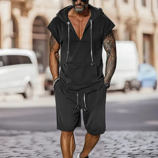 New OUKU Men's T-shirt Suits 2 Pieces Outfits Tee & Shorts Short Sleeve Hooded Summer Plain Fashion Casual 2 Piece Vacation Daily Wear Going out Black Brown Top Tee for Men