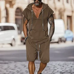 New OUKU Men's T-shirt Suits 2 Pieces Outfits Tee & Shorts Short Sleeve Hooded Summer Plain Fashion Casual 2 Piece Vacation Daily Wear Going out Black Brown Top Tee for Men