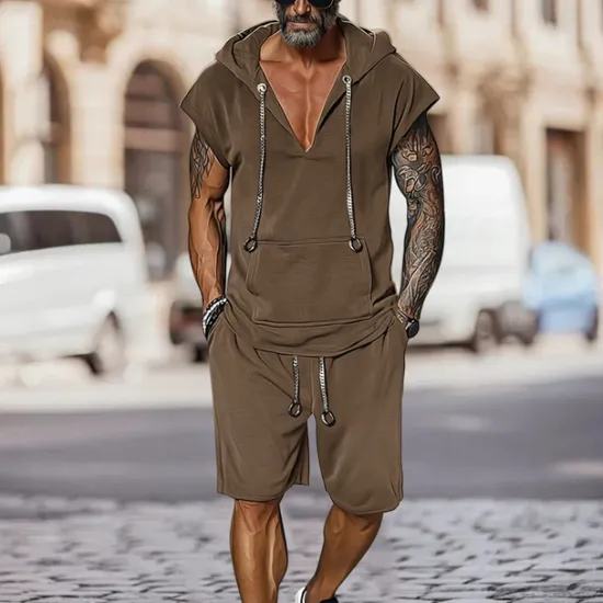 New OUKU Men's T-shirt Suits 2 Pieces Outfits Tee & Shorts Short Sleeve Hooded Summer Plain Fashion Casual 2 Piece Vacation Daily Wear Going out Black Brown Top Tee for Men