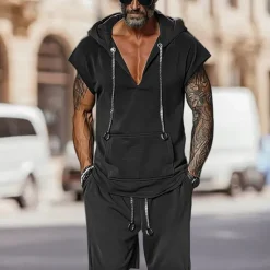 New OUKU Men's T-shirt Suits 2 Pieces Outfits Tee & Shorts Short Sleeve Hooded Summer Plain Fashion Casual 2 Piece Vacation Daily Wear Going out Black Brown Top Tee for Men