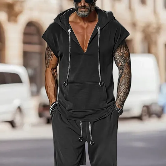 New OUKU Men's T-shirt Suits 2 Pieces Outfits Tee & Shorts Short Sleeve Hooded Summer Plain Fashion Casual 2 Piece Vacation Daily Wear Going out Black Brown Top Tee for Men
