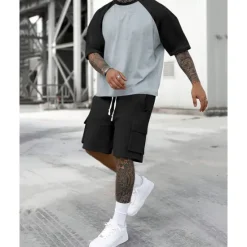 Clearance OUKU Men's T-shirt Suits 2 Pieces Outfits Tee & Shorts Short Sleeve Crew Neck Summer Color Block Fashion Casual 2 Piece Vacation Daily Wear Going out Yellow Orange Army Green Top Tee for Men