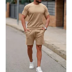 Outlet OUKU Men's T-shirt Suits 2 Pieces Outfits Tee & Shorts Short Sleeve Crew Neck Summer Plain Fashion Casual 2 Piece Vacation Daily Wear Going out White Pink Green Top Tee for Men